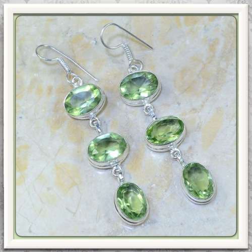 ***EXQUISITE*** LONG GREEN AMETHYST GEMSTONE .925 SILVER EARRINGS