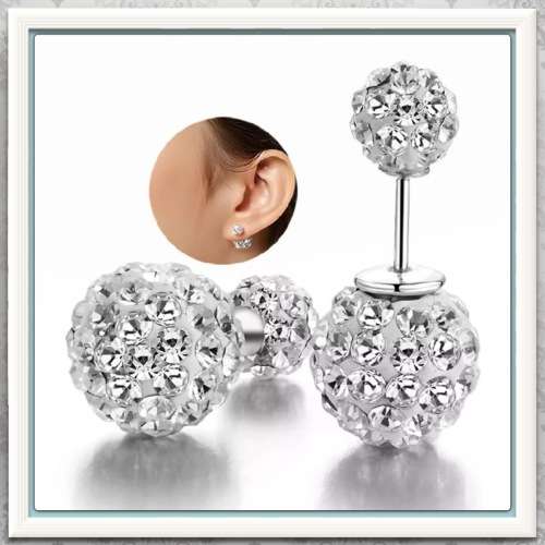 ***EXQUISITE DAZZLING*** LUXURY DOUBLE BALL CRYSTAL BRIDAL, EVENING WEAR .925 SILVER STUD EARRINGS