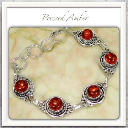 ***SOMETHING SPECIAL *** PRESSED AMBER GEMSTONE IN .925 SILVER BRACELET