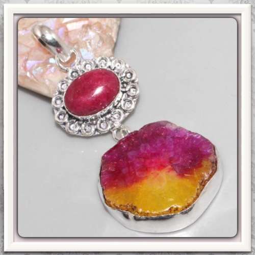 ***ENCHANTING*** NATURAL AGATE GEODE SLICE RUBY GEMSTONE .925 STERLING SILVER PENDANT