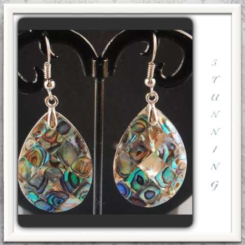 ***SOOO.. BEAUTIFUL***STUNNING BLUE NEW ZEALAND ABALONE SILVER EARRINGS