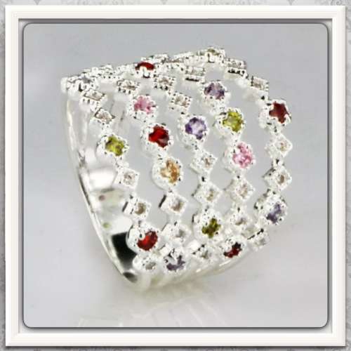 ***ABSOLUTELY STUNNING***  FACETED MULTI GEMSTONE RING IN 925 SILVER FILLED SIZE 10