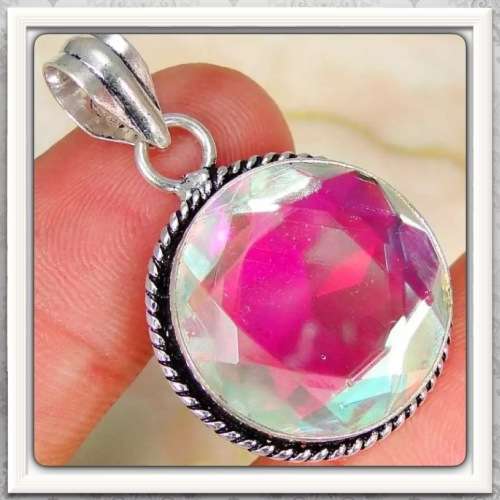 ***EXCEPTIONALLY BEAUTIFUL NICE SIZE *** AQUA PINK MYSTIC TOPAZ  .925 SILVER PENDANT