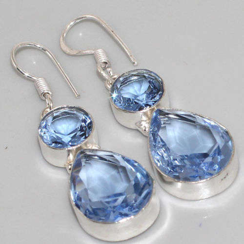 ***DESIRABLE SPARKLING***  BABY BLUE QUARTZ GEMSTONE  .925 SILVER EARRINGS