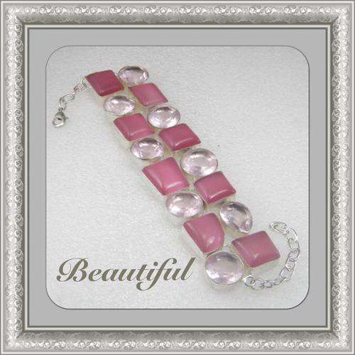 EXCEPTIONAL PINK QUARTZ & PINK CATS EYE NATURAL GEMSTONE 925 SILVER BRACELET 7-9" - BJB 124763
