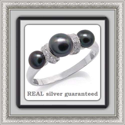 Size 8 / Q - Brand New Genuine Black Freshwater Pearl .925 Solid Silver Ring