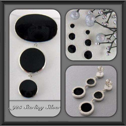 ***GLAMOROUS***Attractive 925 Sterling & Onyx Drop Pendant and Earrings set
