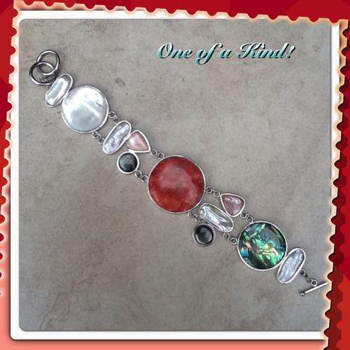 ***Exotic Gems Of the Ocean*** SPONGE CORAL, MOTHER OF PEARL, BIWA PEARL & ABALONE BRACELET