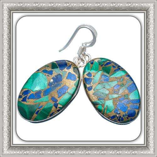 ***ENCHANTING AND UNIQUE*** NATURAL GREEN MALACHITE IN LAPIS LAZULI 925 STERLING SILVER EARRINGS