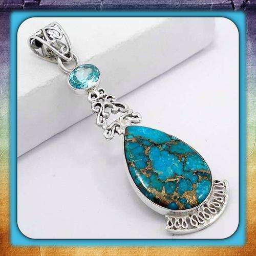 ***AWESOME*** NATURAL BLUE TOPAZ,COPPER TURQUOISE GEMSTONE 925 SILVER PENDANT