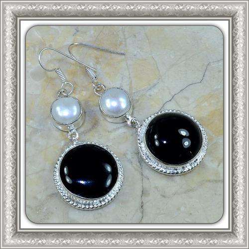 ***ELEGANT*** BLACK ONYX, RIVER PEARL .925 STERLING SILVER EARRINGS
