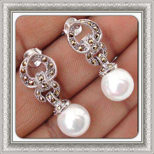 ***BREATHTAKING*** WHITE PEARL ,MARCASITE SOLID STERLING SILVER EARRINGS