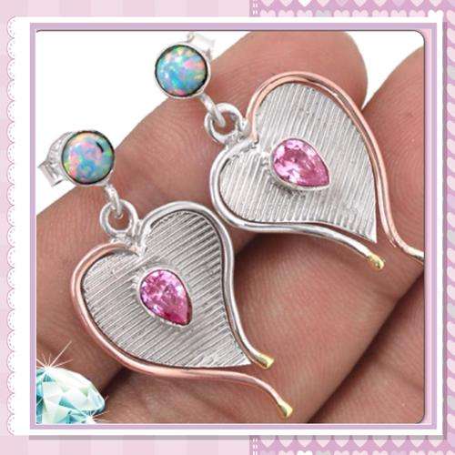 ***STUNNING***FIRE OPAL & PINK KUNZITE EARRINGS , SOLID .925 STERLING SILVER