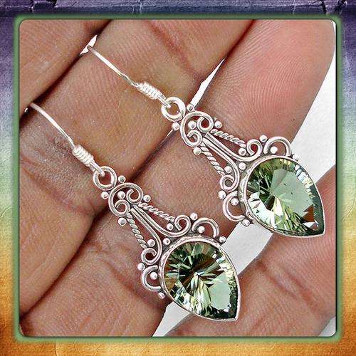 ***BEAUTIFUL***GENUINE NATURAL GREEN AMETHYST GEMSTONE 925 STERLING SILVER EARRINGS