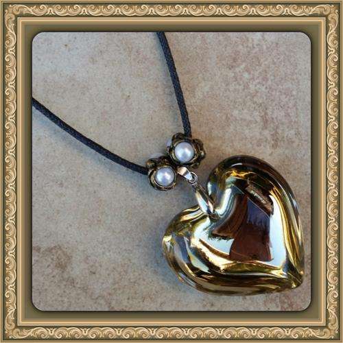 ***STUNNING***FASHION NECKLACE BLACK CORD AND HEART PENDANT WITH PEARL RONDELLES