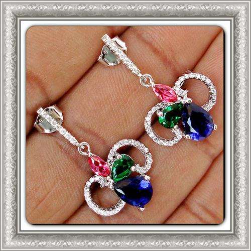 ***SPECTACULAR ***BLUE SAPPHIRE,EMERALD QUARTZ & WHITE TOPAZ .925 Solid Sterling Silver EARRINGS