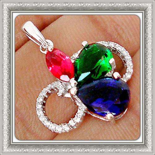 ***SPECTACULAR ***BLUE SAPPHIRE,EMERALD QUARTZ & WHITE TOPAZ .925 Solid Sterling Silver Pendant