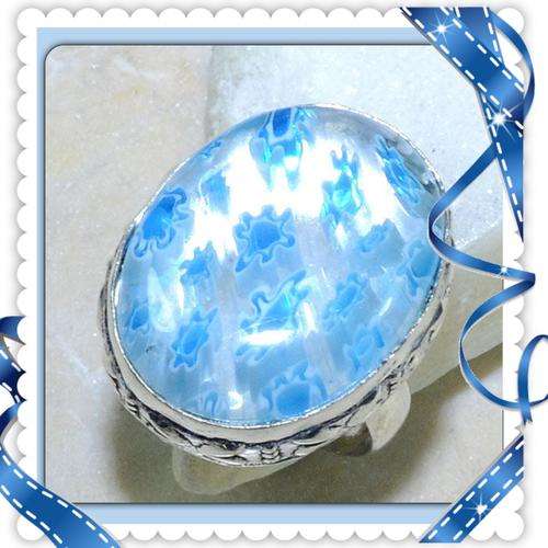 ***FASHIONABLE CASUAL FUN***AUTHENTIC POWDER BLUE ITALIAN MURANO GLASS 925 SILVER RING SZ 8