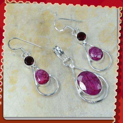 ***ENCHANTING*** CHERRY RUBY+AMETHYST EARRINGS/PENDANT SET  IN .925 SILVER