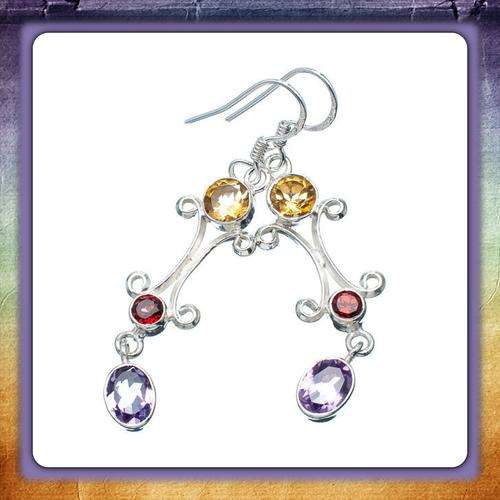 ***EXCEPTION QUALITY AND BEAUTY*** ONE OF A KIND NATURAL MULTI -GEM .925  STERLING SILVER EARRINGS