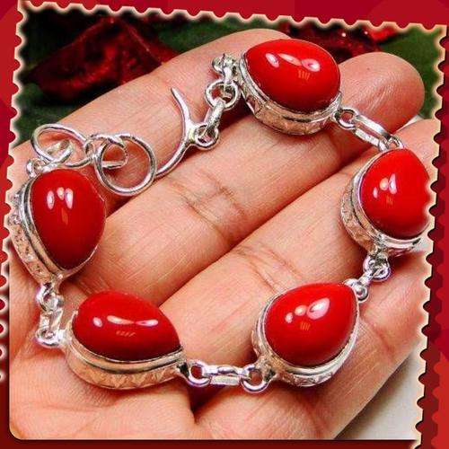***ABSOLUTLELY STUNNING*** NATURAL RED CORAL PEAR SHAPE GEMSTONE .925 SILVER BRACELET