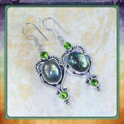 ***INCREDIBLE*** LABRADORITE, PERIDOT GEMSTONE .925 STERLING SILVER EARRINGS