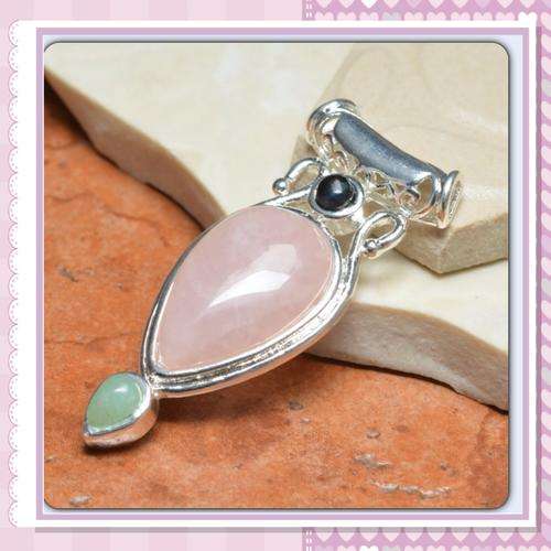 ***BREATHTAKING***FEMININE PINK ROSE QUARTZ, BLACK ONYX, AMETRINE PENDANT .925 STERLING SILVER