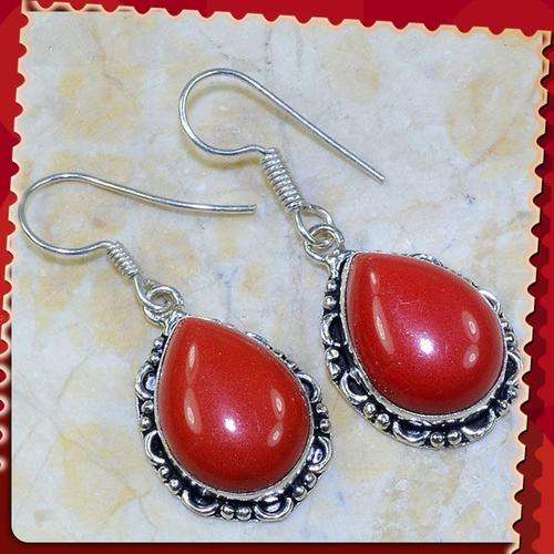 ***BEAUTIFUL***NATURAL RED CORAL GEMSTONE EARRINGS, SOLID .925 STERLING SILVER