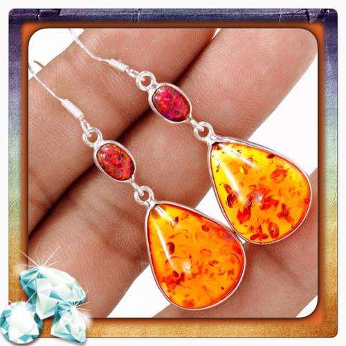 ***EXQUISITE***GENUINE BALTIC AMBER, FIRE OPAL  IN .925 STERLING SILVER  EARRINGS