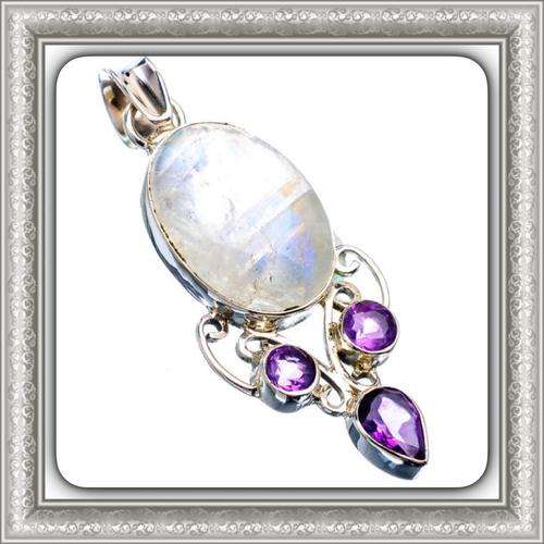 ***BEAUTIFUL BEYOND WORDS***NATURAL RAINBOW MOONSTONE, AMETHYST SOLID .925 STERLING SILVER PENDANT