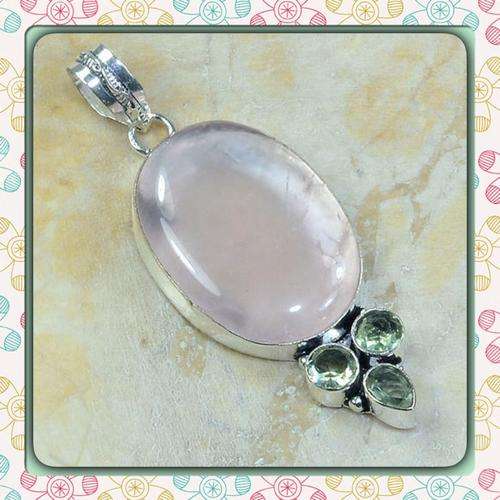 ***GRACIOUS GEMSTONE OF THE HEART***FEMININE PINK ROSE QUARTZ , GREEN AMETHYST PENDANT 925 SILVER
