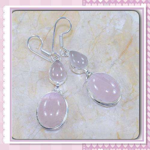 ***ENCHANTING***FEMININE PINK ROSE QUARTZ EARRINGS .925 STERLING SILVER