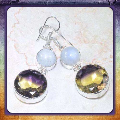****ABSOLUTLY STUNNING****NATURAL AMETRINE,RAINBOW MOONSTONE. 925  SILVER EARRINGS