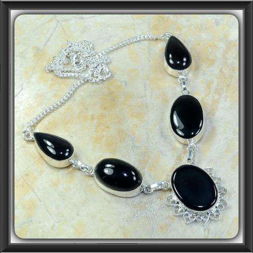 ***SOPHISTICATED***NATURAL BLACK ONYX GEMSTONE .925 SILVER NECKLACE