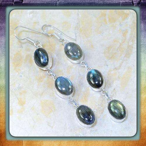 ***GORGEOUS FLASHING HUES***NATURAL BLUE FIRE LABRADORITE 925 SILVER EARRINGS