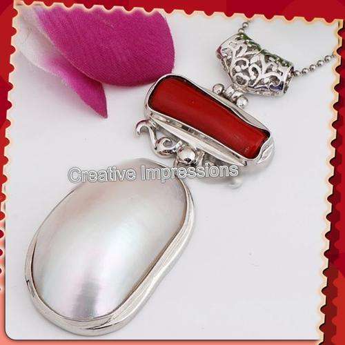 ***ONLY ONE -DONT MISS THIS STUNNING ITEM***NATURAL RED CORAL, MOTHER OF PEARL SILVER PENDANT
