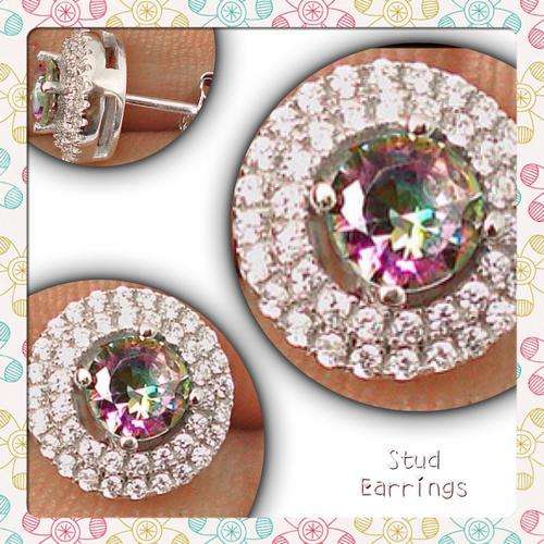 ***EXQUISITE DAZZLING*** MYSTIC RAINBOW TOPAZ,WHITE TOPAZ STUD EARRINGS IN SOLID 925 STERLING SILVER