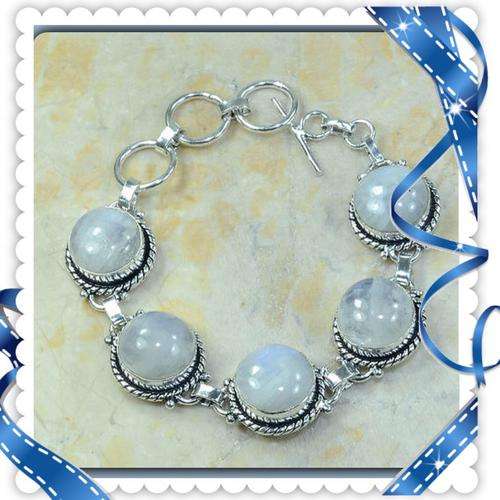 ***GORGEOUS ROUND STONES***NATURAL RAINBOW MOONSTONE .925 SILVER BRACELET