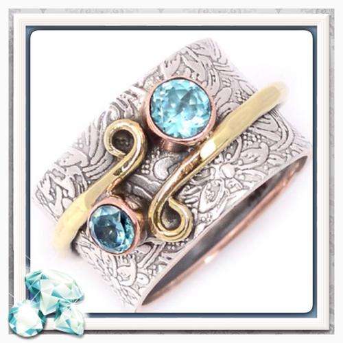 ***EXQUISITE TWO TONE** NATURAL BLUE TOPAZ GEMSTONE  SOLID .925 SILVER RING SIZE 8