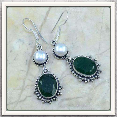 ***SENSATIONAL***NATURAL INDIAN EMERALD QUARTZ , RIVER PEARL GEMSTONE 925 SILVER  EARRINGS