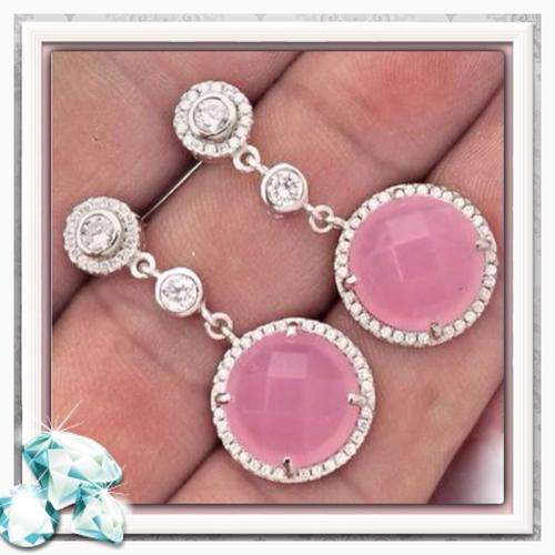 ***SOOO.... BEAUTIFUL***22.85 CTS  PINK CHALCEDONY, WHITE TOPAZ  SOLID.925 STERLING SILVER EARRINGS