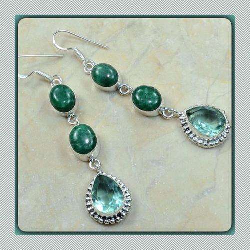 ***UNIQUE ***LONG NATURAL INDIAN EMERALD QUARTZ , GREEN AMETHYST GEMSTONE 925 SILVER  EARRINGS