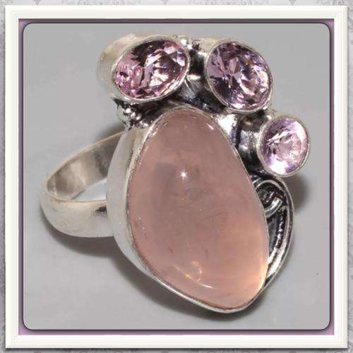 ***VERY PRETTY*** NATURAL SOFT PINK ROSE QUARTZ GEMSTONE .925 SILVER RING SIZE 7.5