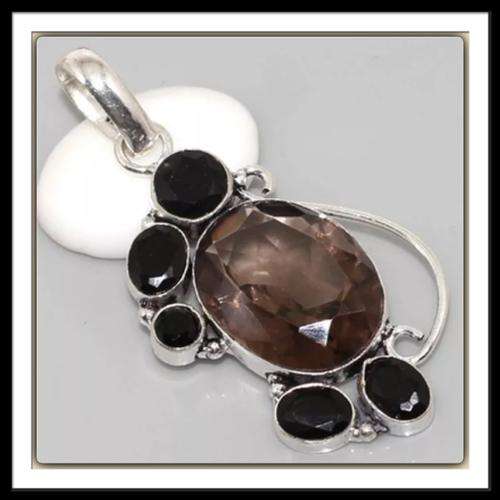 ***ARTISTIC MODERN DESIGN*** NATURAL SMOKEY TOPAZ, BLACK ONYX GEMSTONE .925  SILVER PENDANT