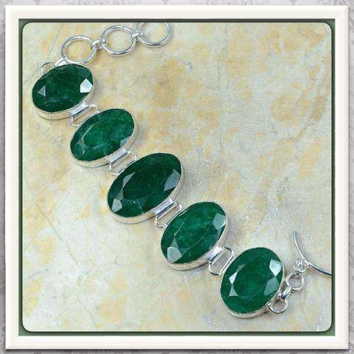 ***MAGNIFICENT *** INDIAN EMERALD QUARTZ , GEMSTONE .925 STERLING SILVER BRACELET