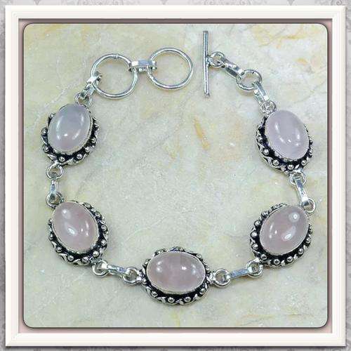***FOREVER POPULAR*** INCREDIBLE NATURAL SOFT PINK ROSE QUARTZ GEMSTONE  .925 SILVER BRACELET