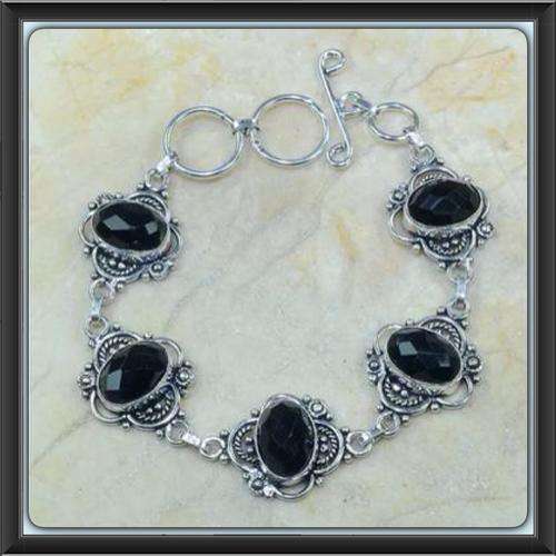 ***LOVELY SETTING***  NATURAL FACETED BLACK ONYX GEMSTONE .925 SILVER BRACELET