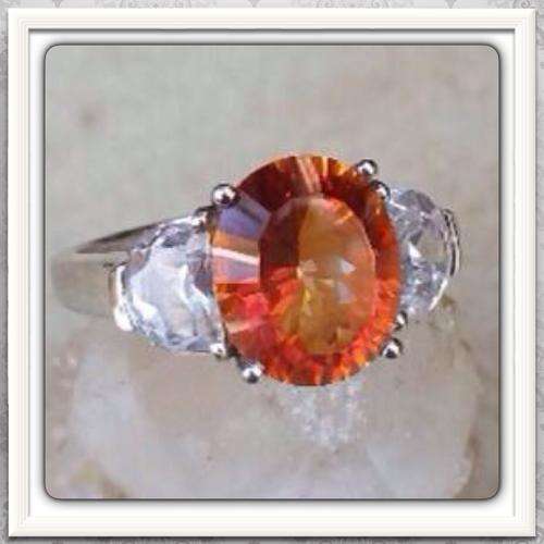 ***EXQUISITE RARE FIND***17.36 CTS NATURAL ORANGE RAINBOW /WHITE TOPAZ SOLID .925 SILVER RING SIZE 8