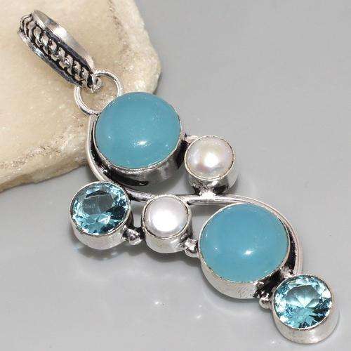 ***DREAMY***  AQUA CHALCEDONY,BLUE APATITE, PEARL .925  SILVER PENDANT