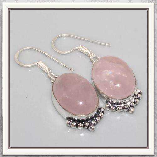 ***ENCHANTING OVAL SHAPED***FEMININE PINK ROSE QUARTZ EARRINGS .925 SILVER